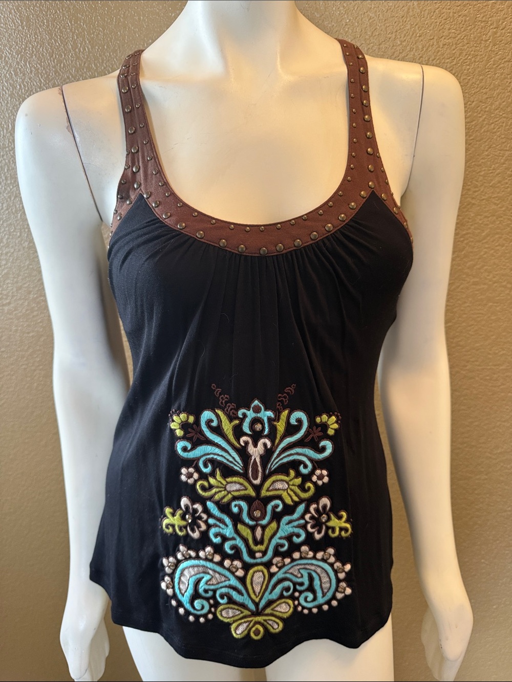 Y2K Vintage Soul Revival Black Tank Top with Brown Studded Trim & Embroidery